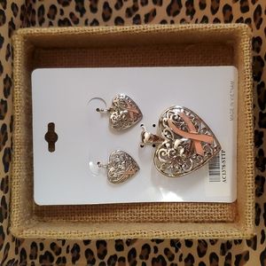 Sam Moon Faux Faux Silver Pink Ribbon Pendant and Earring Set